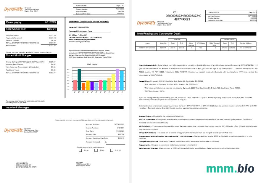 New York Dynowatt elektryczność rachunek za media Word i formaty PDF